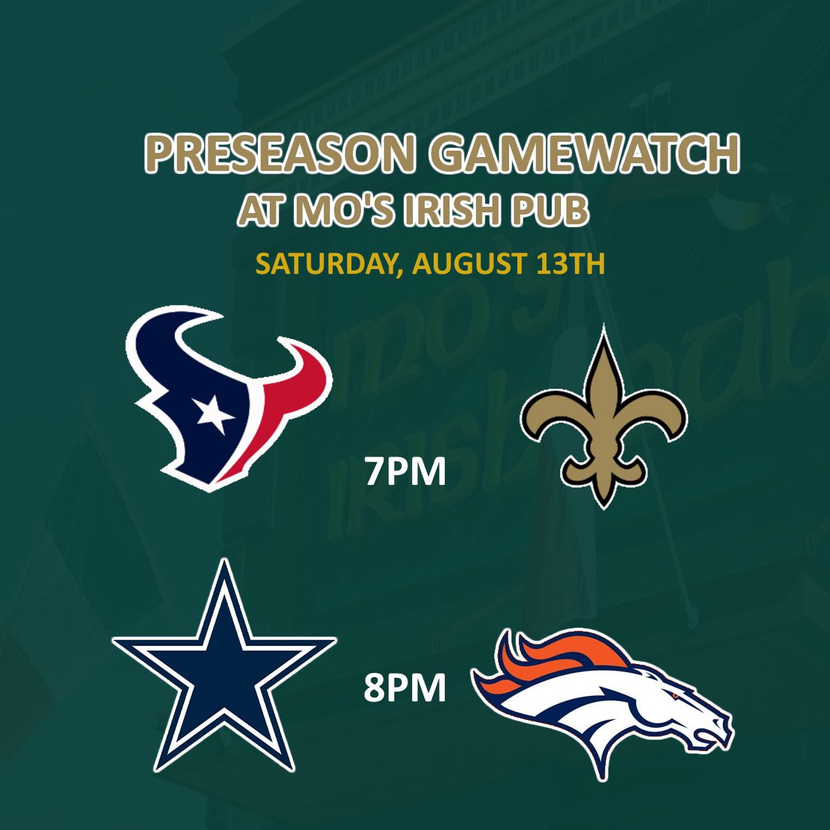 PRESEASON GAMEWATCH AT MO'S IRISH PUB - BCS | Calendar